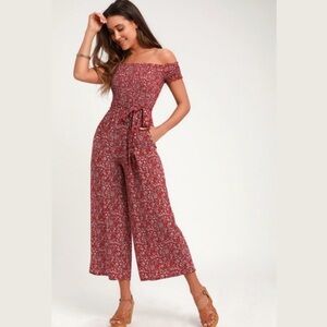 Lulu’s Behold Red Floral Print Smocked Off-the-Shoulder Jumpsuit Sz Medium